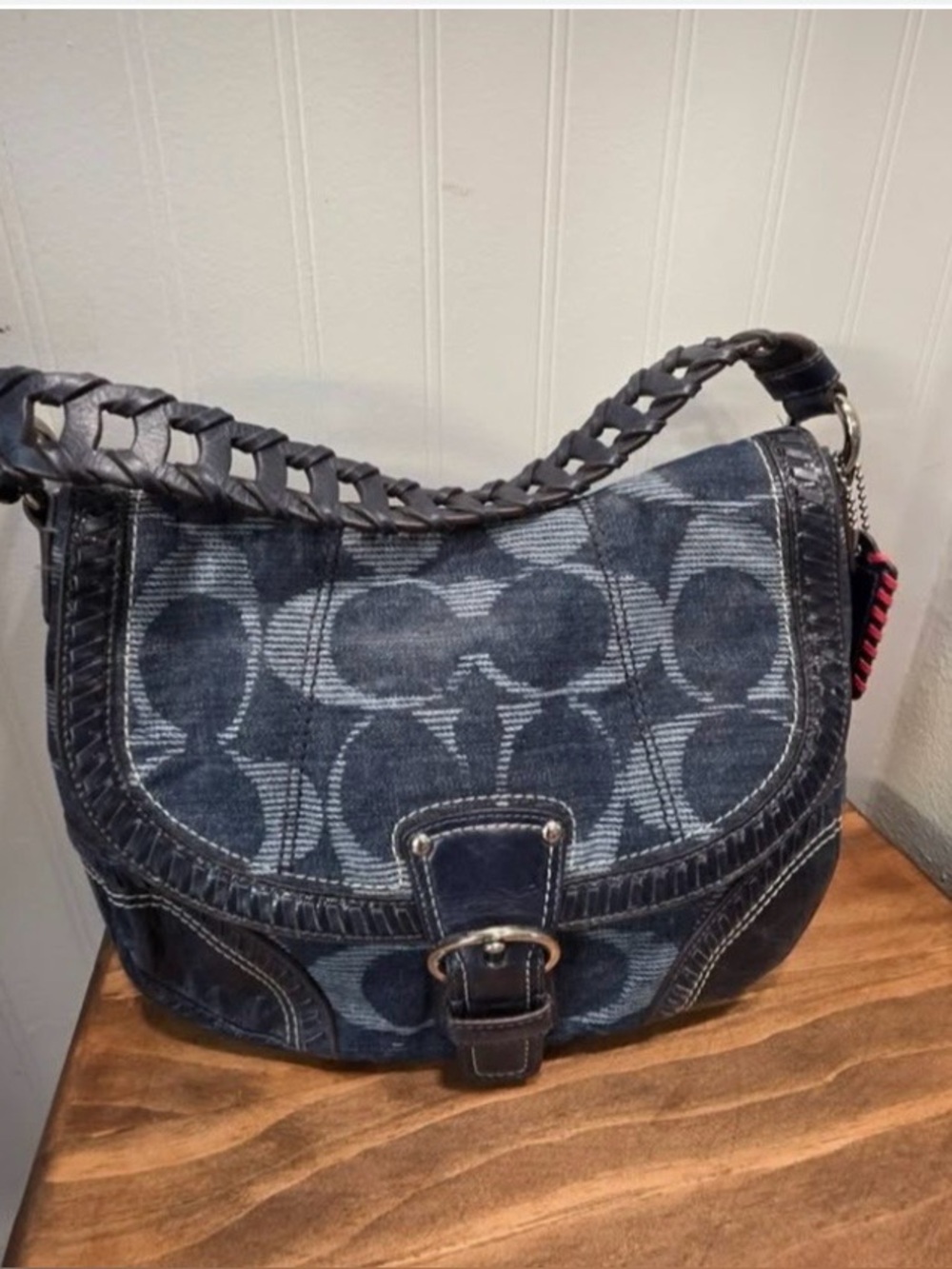 Rare Coach Denim Signature Shoulder Bag in Dark Blue